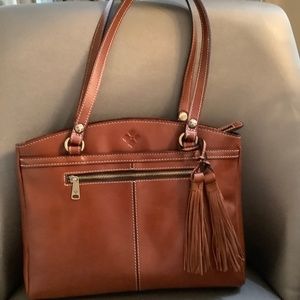 Patricia Nash  Poppy Smooth Leather Shoulder Bag, tan and gold, 12x14x4 -12 in s